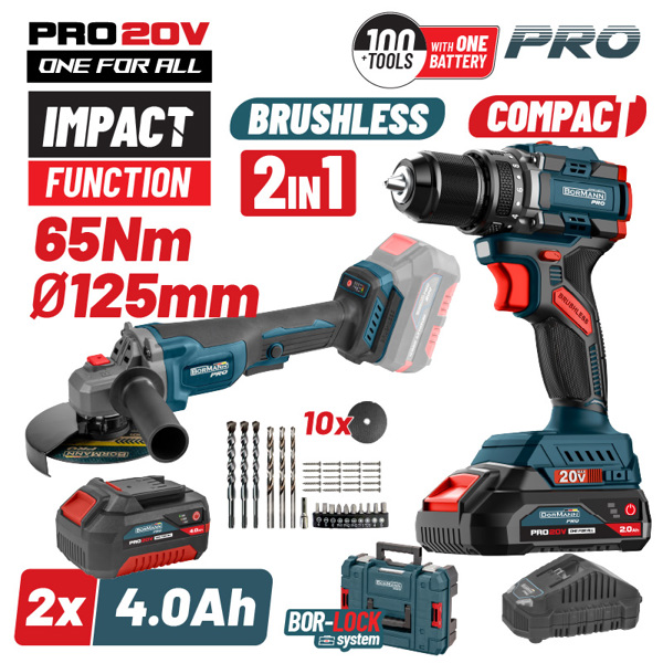 BORMANN Pro BBP5433X44T2CA Σετ Compact Brushless Κρουστικό Δραπαν/βιδο 65Νm & Γωνιακός Τροχός,ΒMC 083269