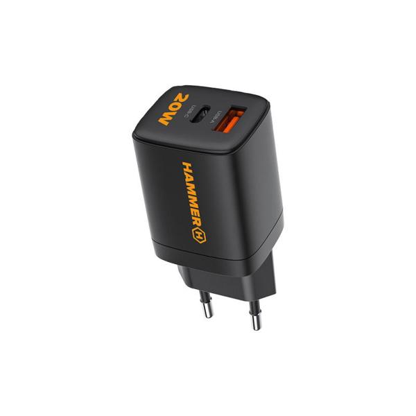 Φορτιστής Ταξιδίου Ταχείας Φόρτισης Hammer RapidCharge Duo με Διπλή Έξοδο USB A & USB C PD 20W Μαύρο