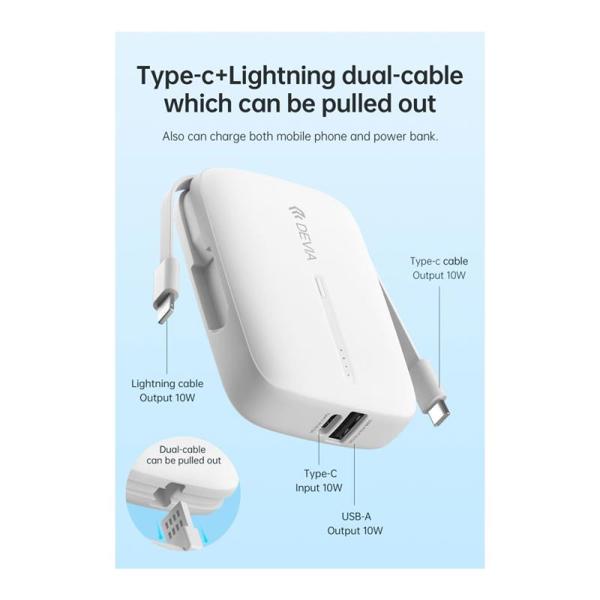Φορτιστής Ανάγκης Devia EP158 10W 10000mAh με 2 Ενσωματωμένα Καλώδια Kintone Λευκό