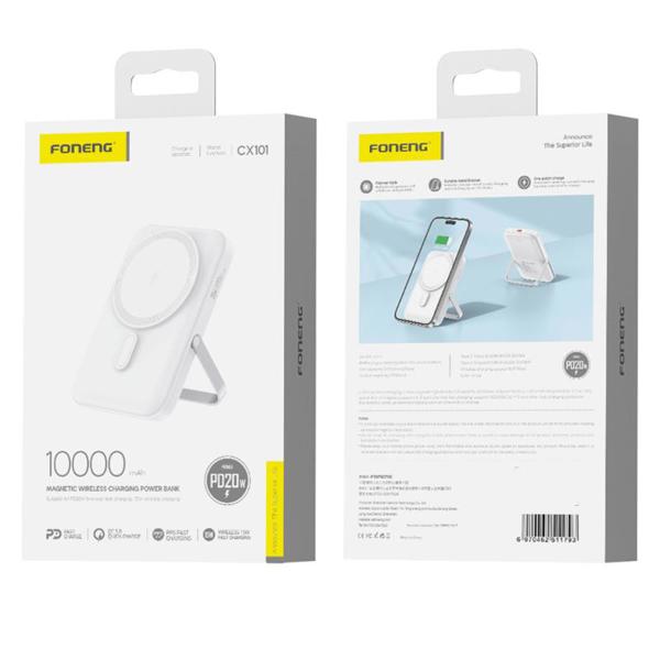 Φορτιστής Ανάγκης Foneng CX101 Magnetic Wireless 20W 10000mAh με Βραχίονα Στήριξης Λευκό