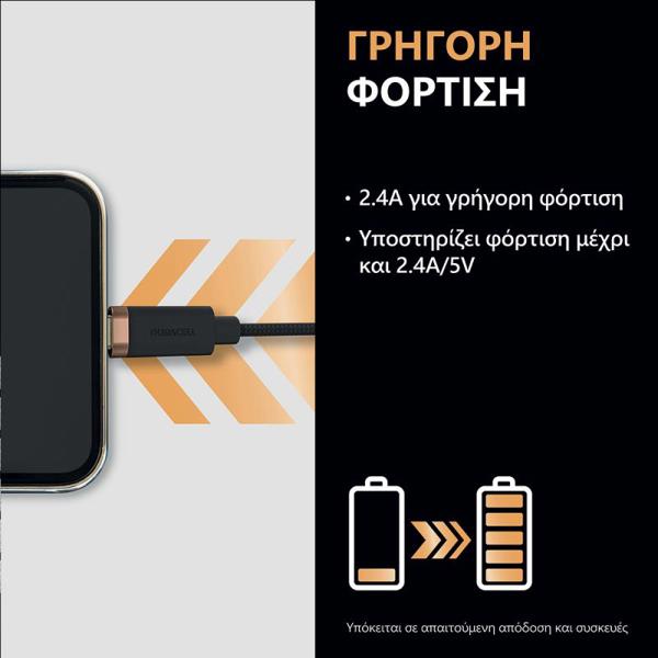 Καλώδιο Σύνδεσης USB 2.0 Duracell Braided Kevlar USB A σε Micro USB 1m Μαύρο