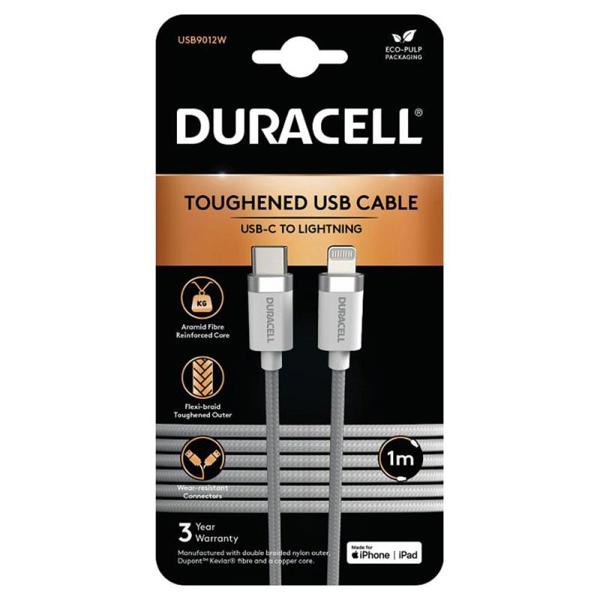 Καλώδιο Σύνδεσης USB 2.0 Duracell Braided Kevlar USB C σε MFI Lightning 1m Λευκό