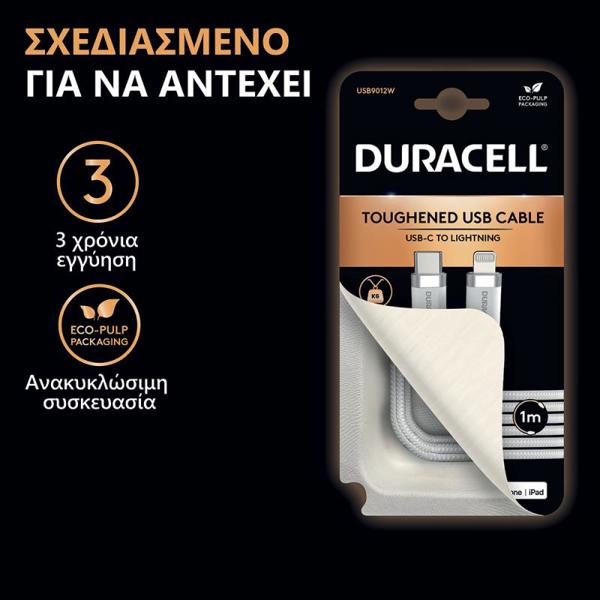 Καλώδιο Σύνδεσης USB 2.0 Duracell Braided Kevlar USB C σε MFI Lightning 1m Λευκό