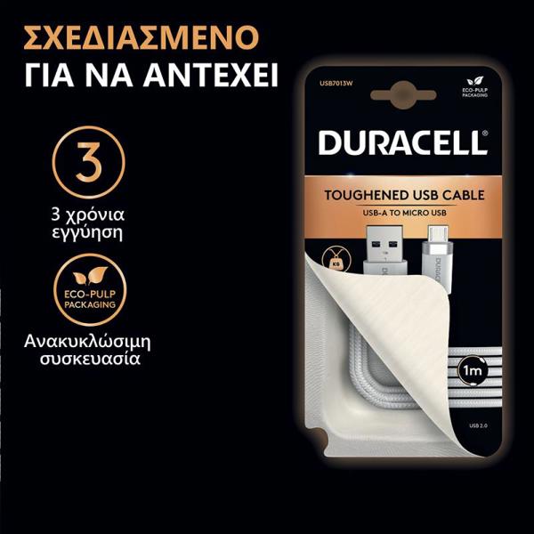 Καλώδιο Σύνδεσης USB 2.0 Duracell Braided Kevlar USB A σε Micro USB 1m Λευκό