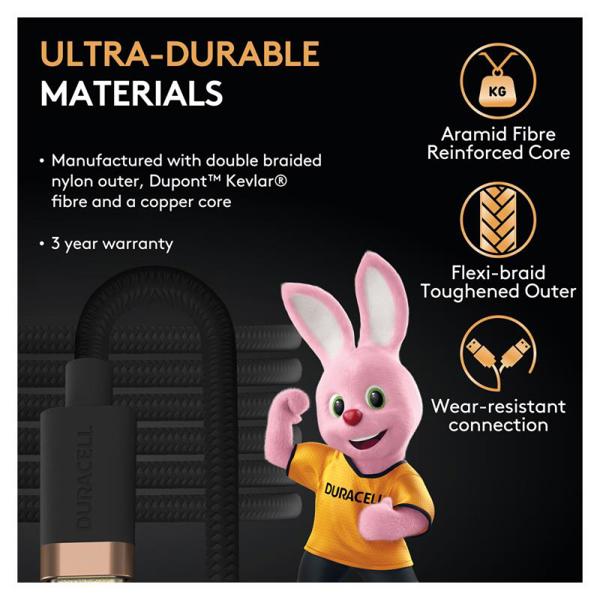 Καλώδιο Σύνδεσης USB 2.0 Duracell Braided Kevlar USB A σε USB C 1m Μαύρο