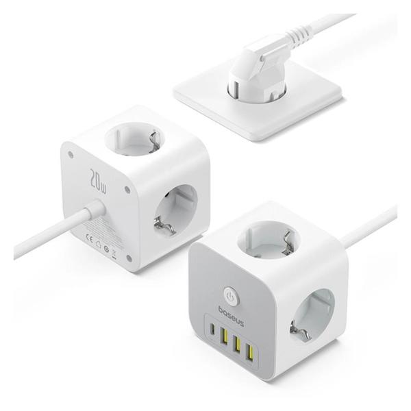 Πολύπριζο Baseus PowerCombo 7in1 3 Θέσεων με Κουμπί On/Off, Θύρες 3xUSB A, 1xUSB C & Καλώδιο 1.5m Λευκό