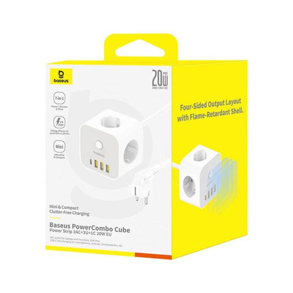 Πολύπριζο Baseus PowerCombo 7in1 3 Θέσεων με Κουμπί On/Off, Θύρες 3xUSB A, 1xUSB C & Καλώδιο 1.5m Λευκό