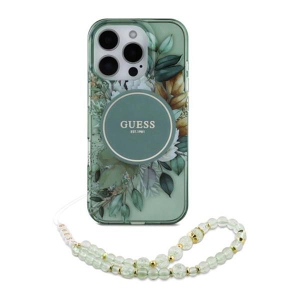 Θήκη PU/ Silicon Guess Magsafe Apple iPhone 16 Pro IML Flowers με Pearl Strap Πράσινο
