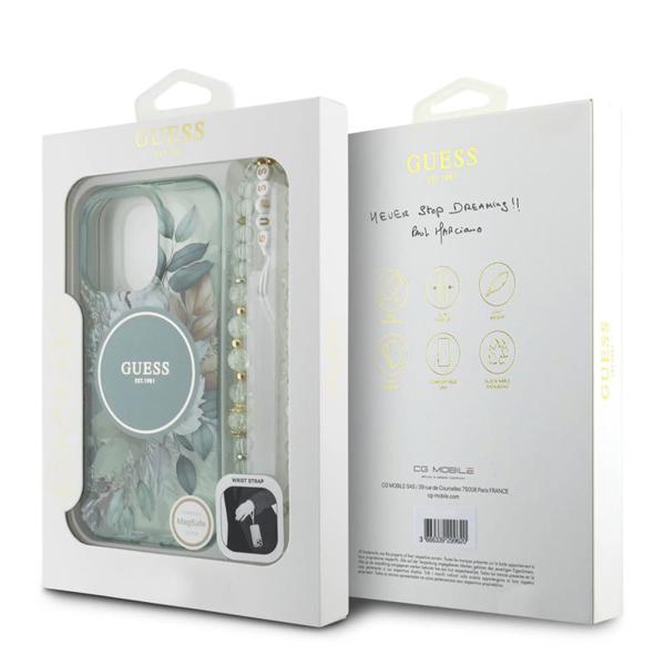 Θήκη PU/ Silicon Guess Magsafe Apple iPhone 16 Pro IML Flowers με Pearl Strap Πράσινο