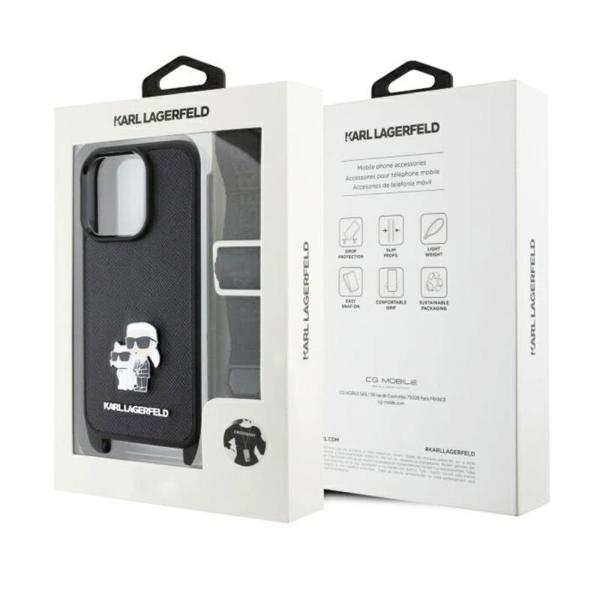 Θήκη Δερμάτινη Karl Lagerfeld Apple iPhone 16 Pro Max Saffiano Crossbody Metal Pin Karl & Choupette Μαύρο