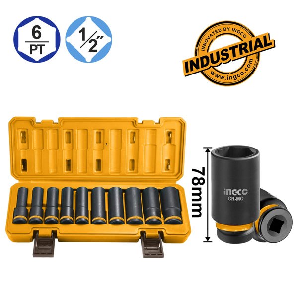 INGCO Καρυδάκια Μακριά Αέρος 1/2"  Σετ 10 τεμ. HKISSD12102L