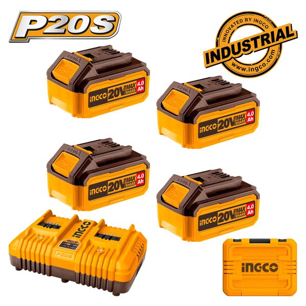 INGCO Μπαταρίες 4 τεμ. 20V 4.0Ah + Ταχυφορτιστής 4A  2 Θέσεων + Βαλίτσα Σετ 6 τεμ. FBCLI20244