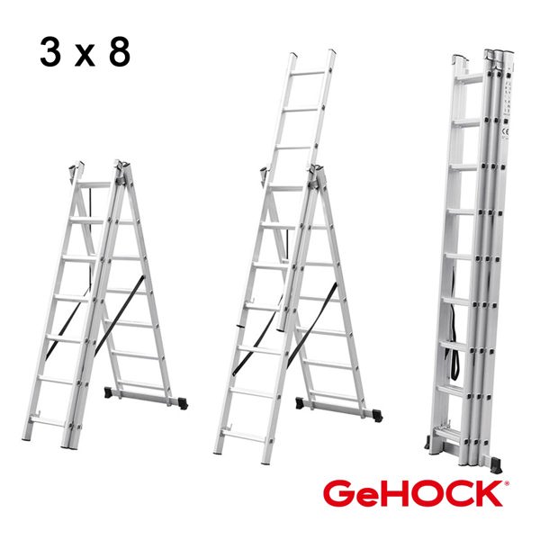 GeHOCK Τριπλή Σκάλα Επεκτεινόμενη Αλουμινίου 3 x 8 Σκαλοπάτια GeHOCK 010295308