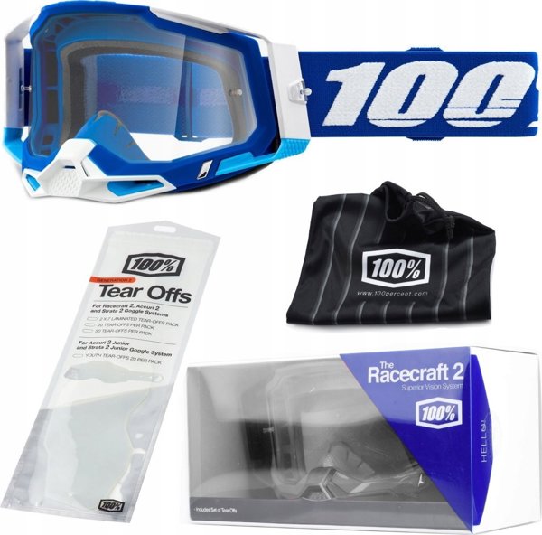100% Goggles Racecraft 2 Μπλε - Αντιθαμβωτικά Γυαλιά Motocross με Διαφανή Φακό & 10 Tear-Offs