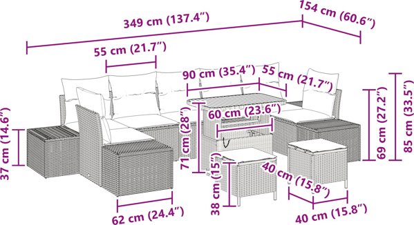 10-τεμάχιο σετ καναπέδων κήπου με μαξιλάρια γκρι πολυρατάν