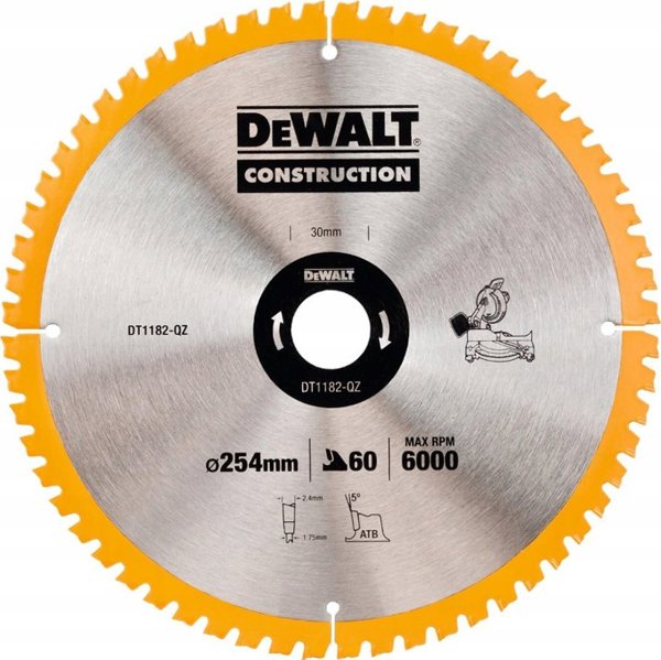 DeWalt DT1182 Πριονόλαμα Ξύλου HM 254x30mm 60T, Δίσκος για Σταθερά Πριόνια