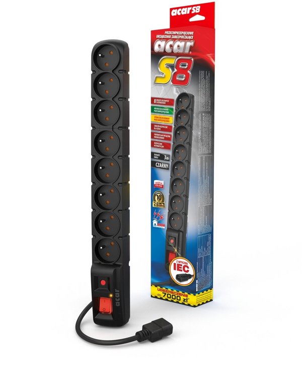 19" rozvodný panel ACAR 8x230V s IEC konektorem pro UPS, vypínač, indikátor napětí, přepěťová ochrana, kabel 5m
