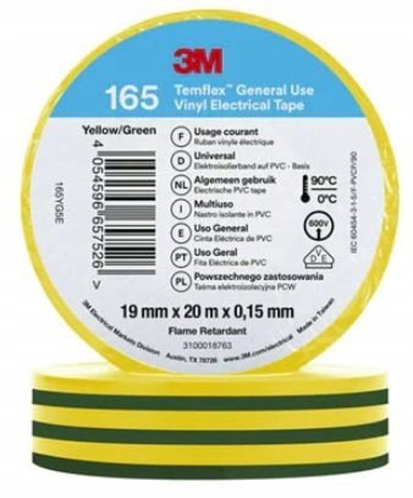 3M Ταινία Ηλεκτρολογική Βινυλίου Temflex 165, 19mm x 0.15mm x 20m, Κίτρινο-Πράσινο