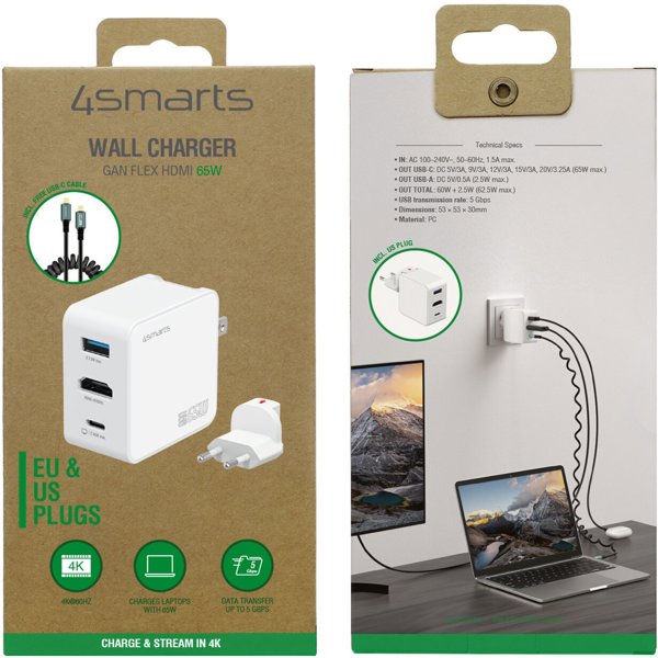 4smarts Netzladegerät GaN Flex HDMI 65W, weiß