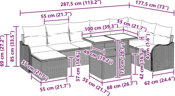 vidaXL Σετ Κήπου 9 Τεμαχίων, Πολυρατάν με Μαξιλάρια, Ανοιχτό Γκρι