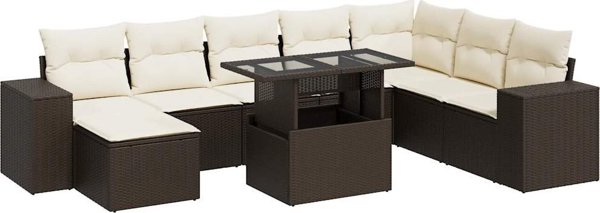 vidaXL Σετ Επίπλων Κήπου 9 Τεμαχίων, Πολυρατάν με Μαξιλάρια, Καφέ