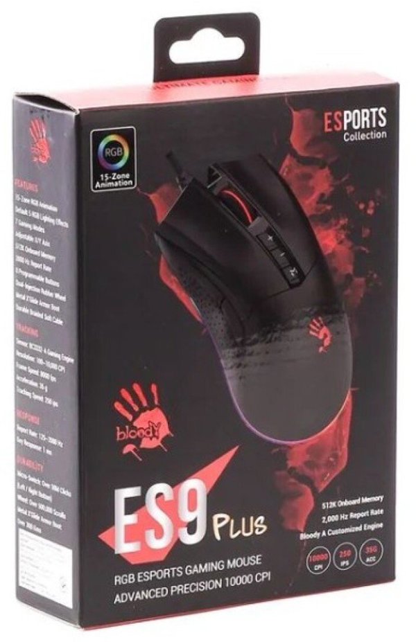 A4tech Bloody Esport ES9 Plus, podsvícená herní myš, 10000 DPI, USB, černá
