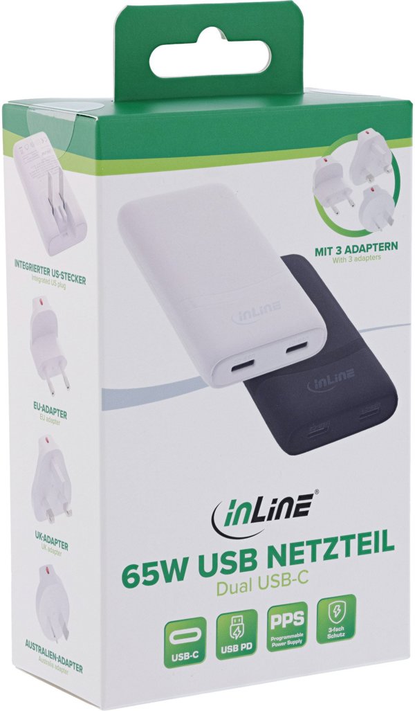 AAD Productions InLine USB Travel Power Adapter, 65W, Dual USB-C, PD PPS, Flat, Μαύρο