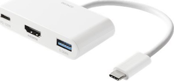 Adapter USB Deltaco Jungčių stotelė USB-C to HDMI and USB-A, USB-C portas energijos perdavimui 3.0, 3840x2160 30 Hz, balta / USBC-HDMI23