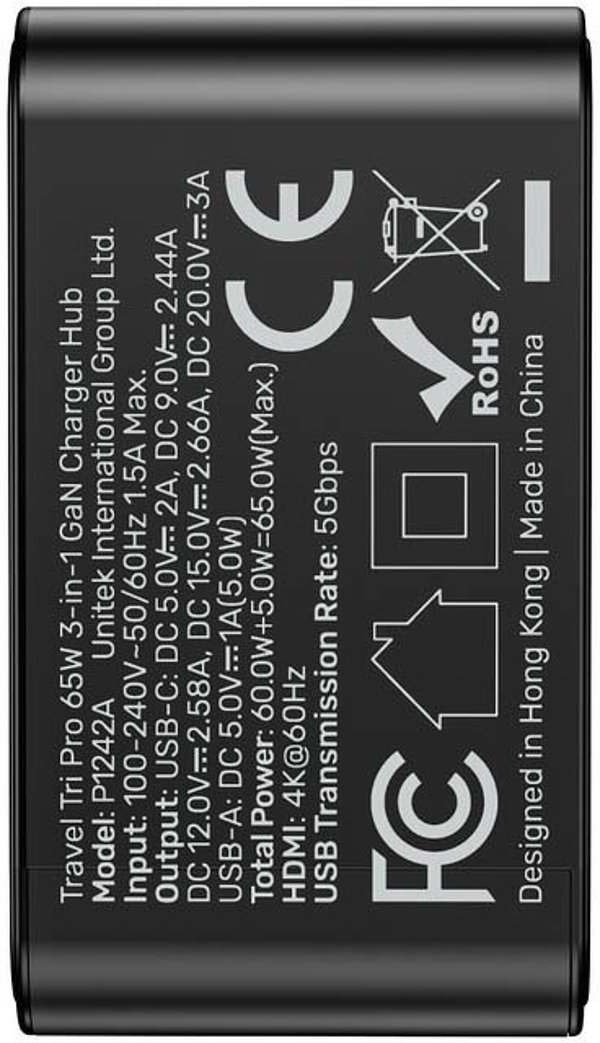 Unitek USB-C Multiport Adapter 3-in-1 65W GaN, Υποστήριξη 4K@60Hz (USB-A/HDMI/USB-C)