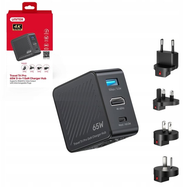 Unitek USB-C Multiport Adapter 3-in-1 65W GaN, Υποστήριξη 4K@60Hz (USB-A/HDMI/USB-C)