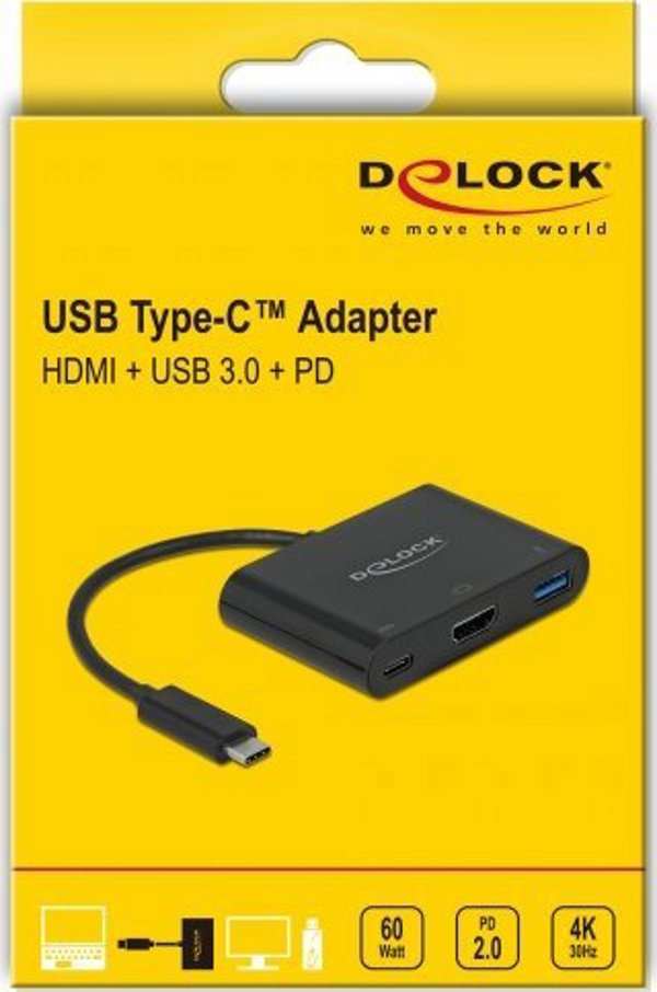 Delock USB Type-C σε HDMI 4K 30Hz Hub με USB Type-A & PD, Μαύρο - 11260445