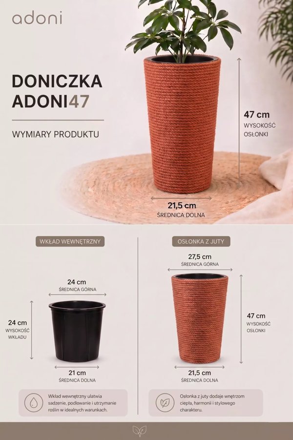 Adoni Γλάστρα Χειροποίητη από Γιούτα, Κόκκινη με Ένθετο, 28x47 cm
