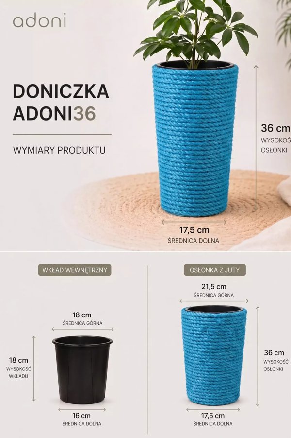 Adoni Γλαστράκι Χειροποίητο από Γιούτα, Μπλε, με Ένθετο, 22x36 cm