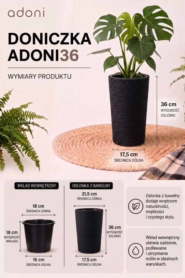 Adoni Γλάστρα Υφασμάτινη Χειροποίητη με Ένθετο, Μαύρη, 22x36 cm