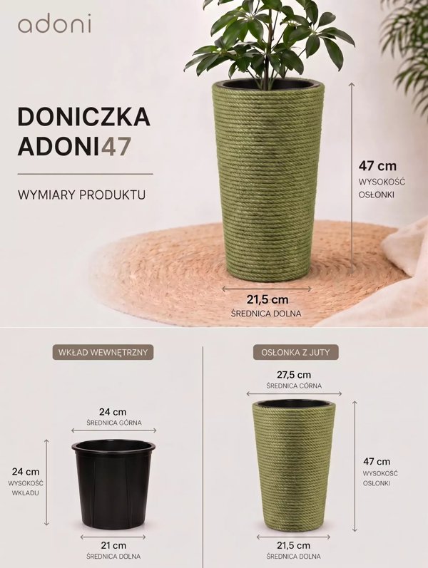Adoni Γλάστρα Χειροποίητη από Γιούτα, Πράσινη με Ένθετο, 28x47 cm