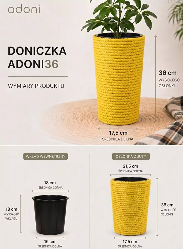 Adoni Γλάστρα Χειροποίητη από Γιούτα, Κίτρινη με Ένθετο, 22x36 cm