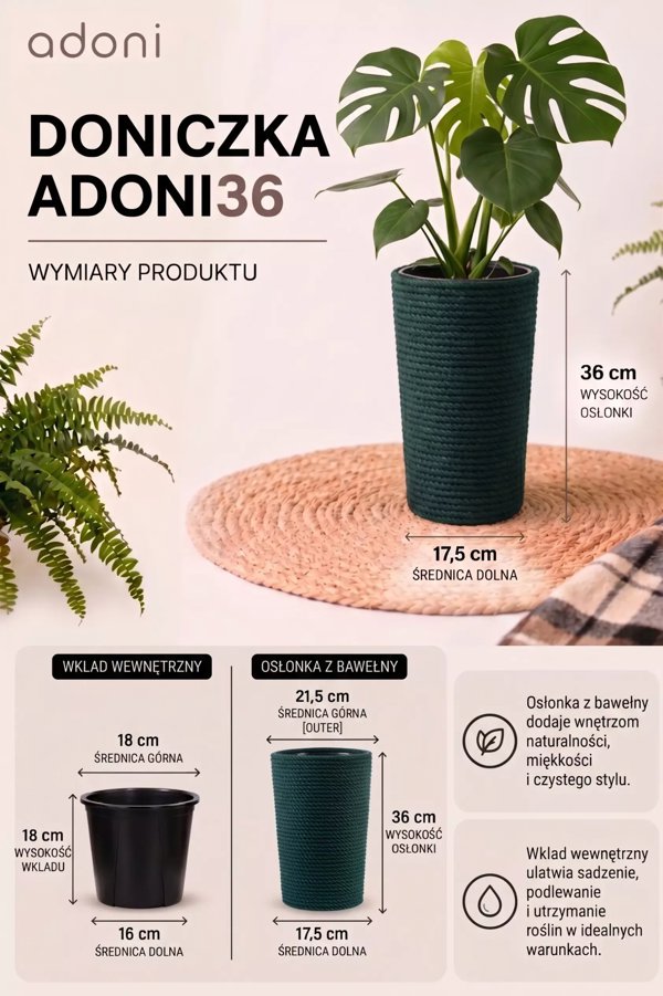 Adoni Γλάστρα Χειροποίητη Βαμβακερή με Ένθετο, Πράσινη, 22x36 cm