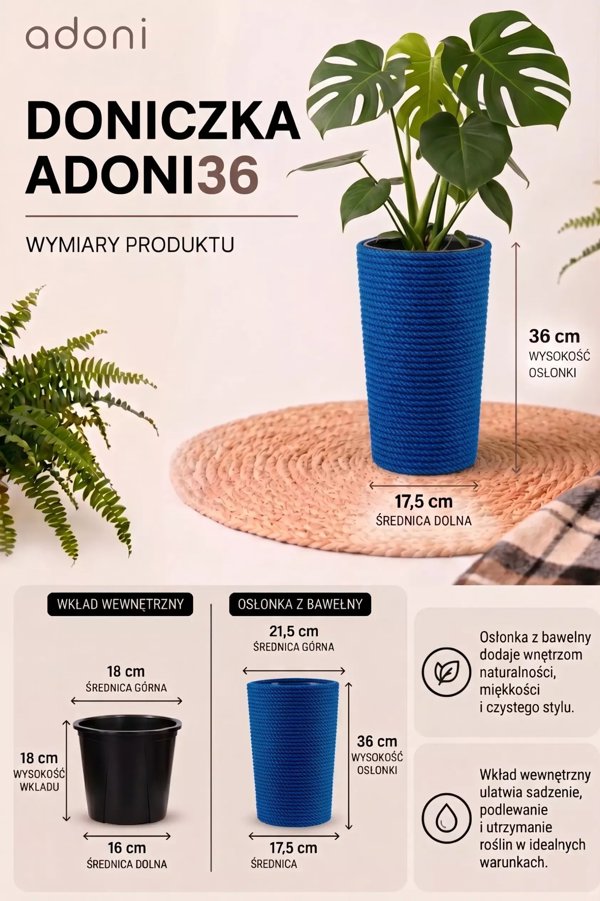 Adoni Υφασμάτινη Γλάστρα από Βαμβάκι με Ένθετο, Χειροποίητη, Μπλε, 22x36 cm