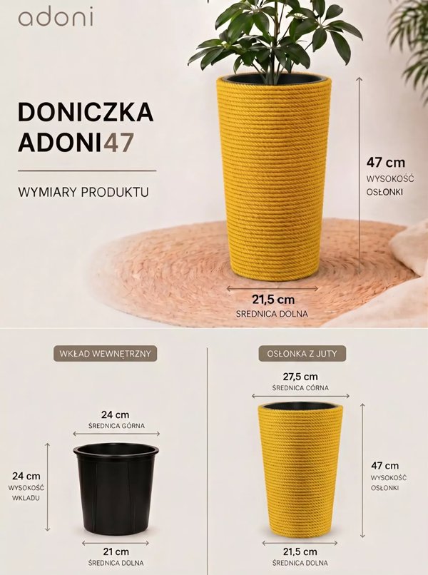 Adoni Γλάστρα Χειροποίητη από Γιούτα, Κίτρινη με Ένθετο, 28x47 cm