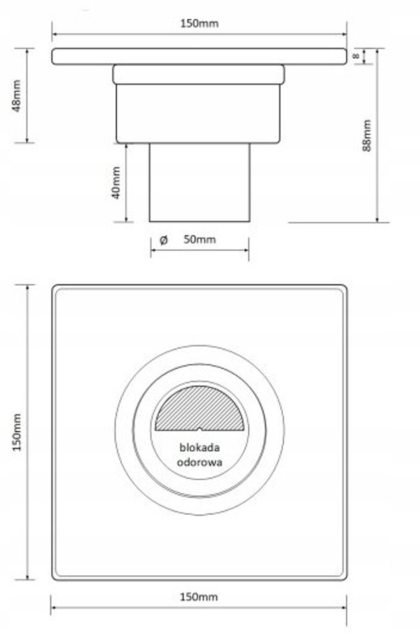 AKCES 11313 KRATKA SCIEKOWA AXUS PIONOWA FI 50, 360ST. BLOKADA ODOROWA, RUSZT I RAMKA NIERDZEWNA MAT 150X150MM