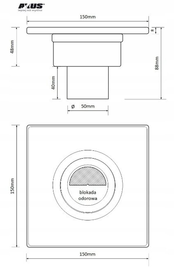 AKCES 11313 KRATKA SCIEKOWA AXUS PIONOWA FI 50, 360ST. BLOKADA ODOROWA, RUSZT I RAMKA NIERDZEWNA MAT 150X150MM