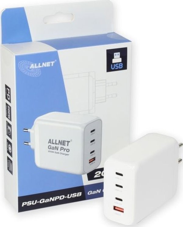 Allnet Z ALLNET Ersatznetzteil QC USB-C PD GaN Netzteil Power Supply200Watt 1x USB Typ-A QC 3x USB Typ-C**EU PLUG**