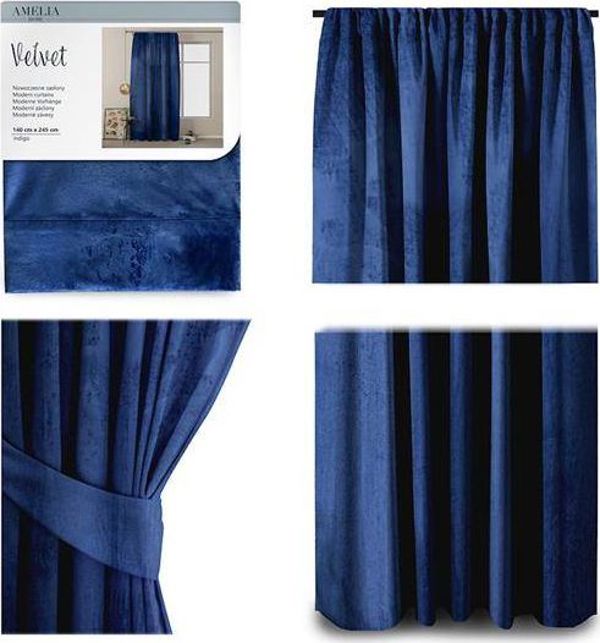 AmeliaHome Βελούδινη κουρτίνα με ταινία, Indigo 140X245