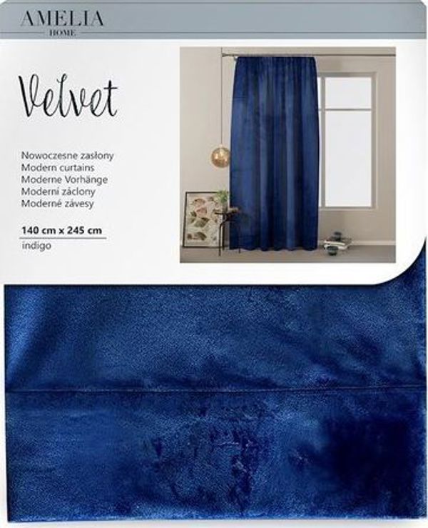 AmeliaHome Βελούδινη κουρτίνα με ταινία, Indigo 140X245