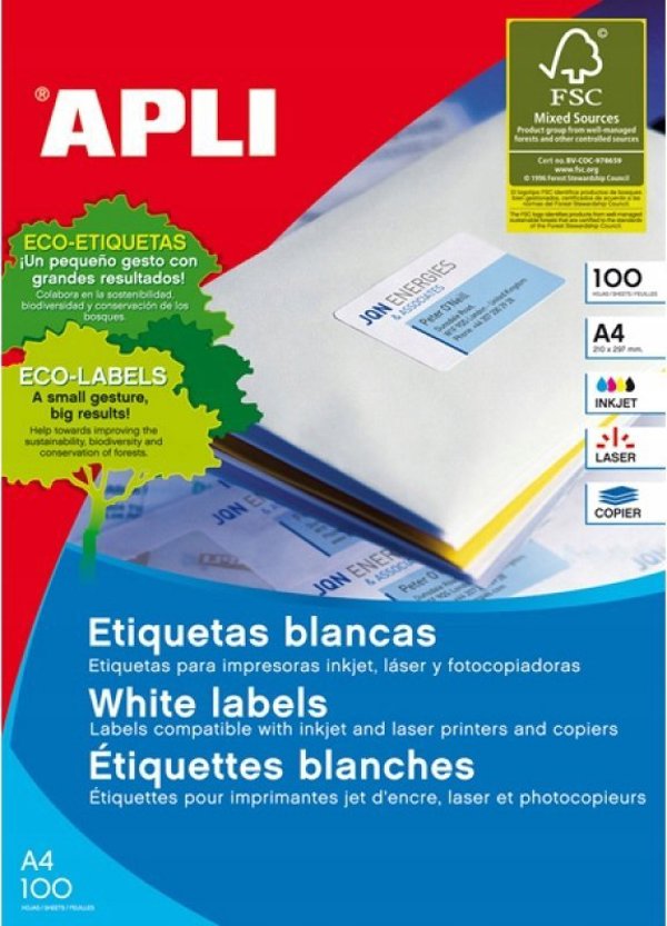 Apli Ετικέτες Γενικής Χρήσης A4, 210x297mm, Ορθογώνιες, Λευκές, 100 Φύλλα