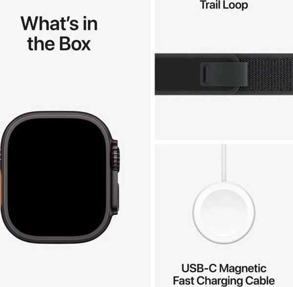 Apple Watch Ultra 2 (GPS + Cellular) 49mm Black Titanium Case with Black Trail Band, M/L (MX4V3)