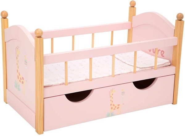 Arias medinė lėlių lovytė su stalčiumi ir patalyne, rožinė (iki 45 cm)