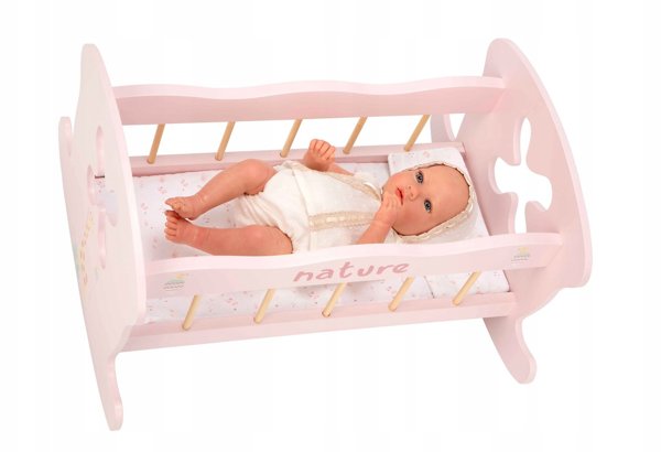 Arias medinė supama lėlių lovytė, rožinė, su pataliukais (iki 45 cm)