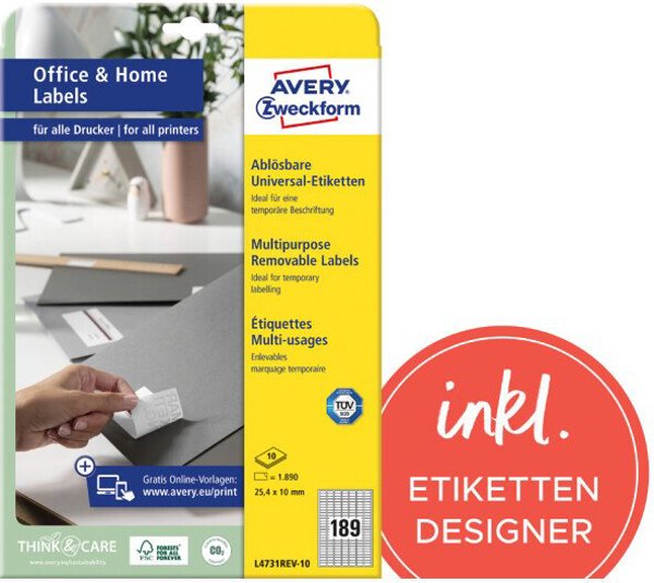 AVERY Zweckform Universal-Etiketten, 25,4 x 10 mm, weiß wiederablösbar, mit umlaufendem Rand, FSC zerzifiziert - 1 Stück (L4731REV-10)
