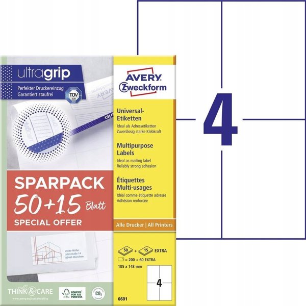 AVERY Καθολικές ετικέτες Avery 105x148 mm, λευκό με Ultragrip +30% επιπλέον περιεχόμενο - (65 φύλλα x 4 τεμ.)